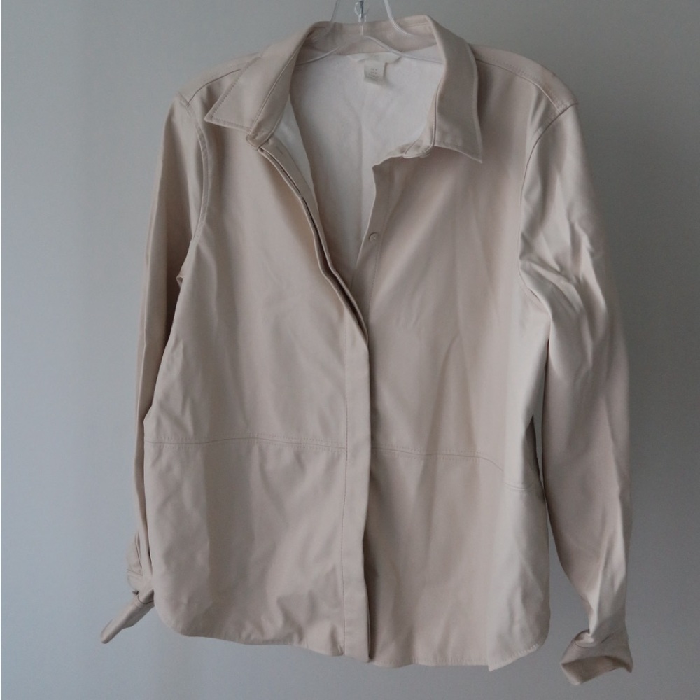 Faux Leather Fleece-lined Collared Jacket - Cream/Light Beige